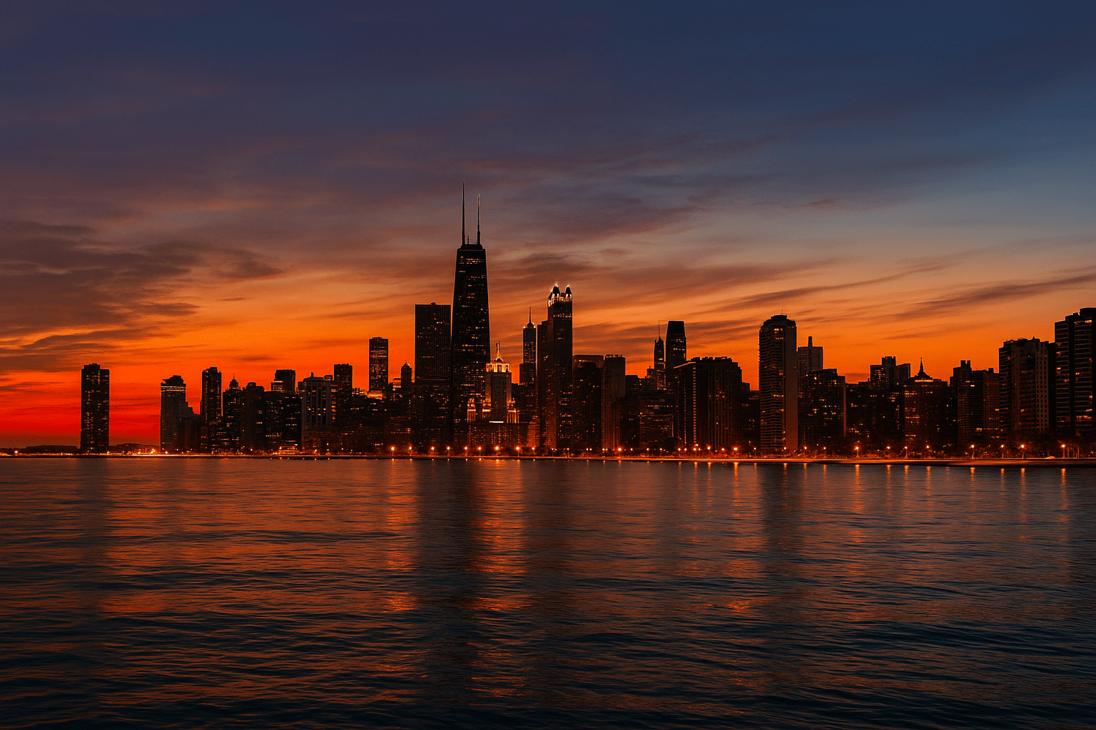 Chicago skyline at dusk from the lake