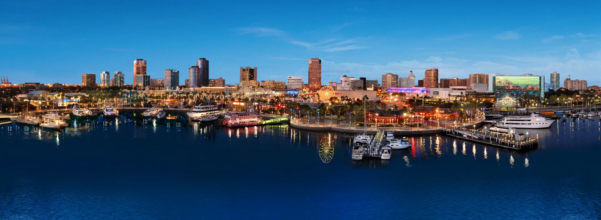 Aerial view of Long Beach marina at golden hour